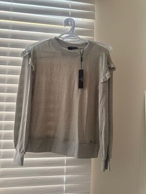 Tahari Light Gray Ruffle-Shoulder Crewneck Sweater